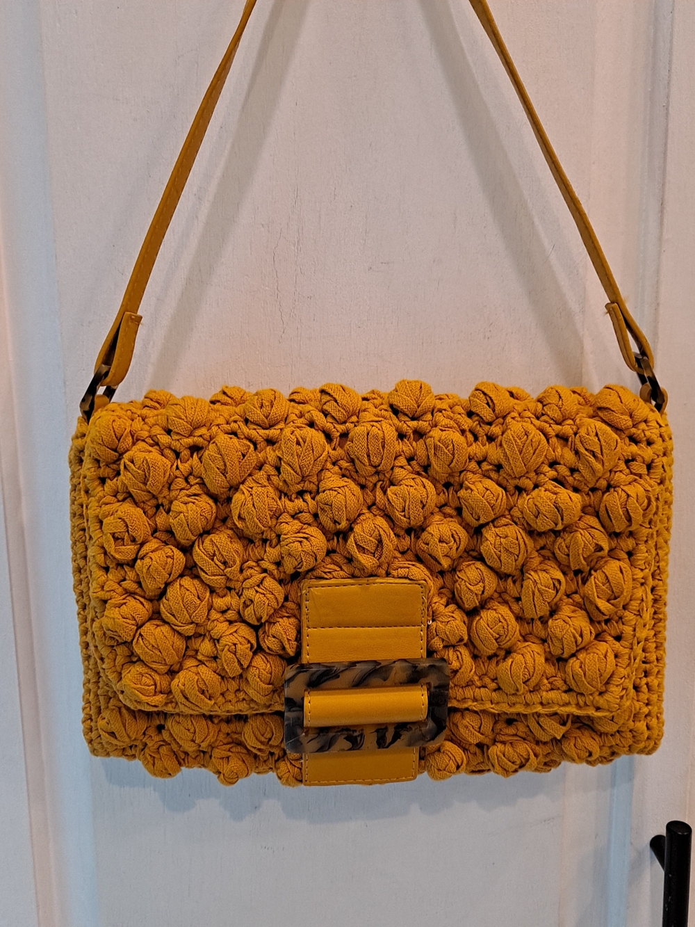 No Boundaries Mustard Yellow Popcorn Crochet Baguette W/Tortoiseshell Buckle